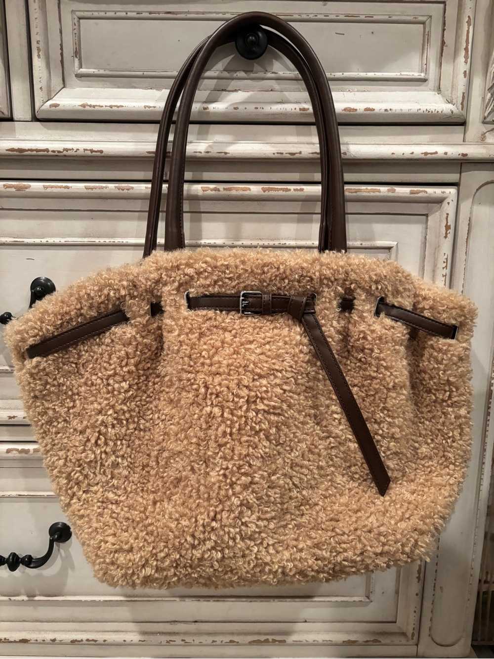 Anthropologie belted Sherpa tote bag
